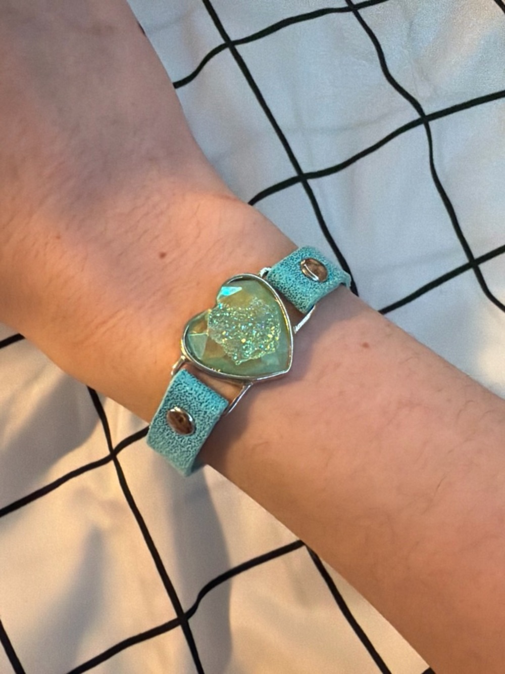 Heart Charm Teal Glitter Leather Strap Bracelet Watch